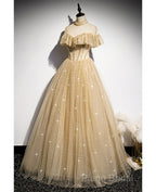 Sparkling Champagne Perspective High Neck Beaded Short Sleeved Ball Dresses Champagne A-Line/Princess Sparkling Sheer Backless Strap And Floor Length Ruffled Edge Formal Dresses