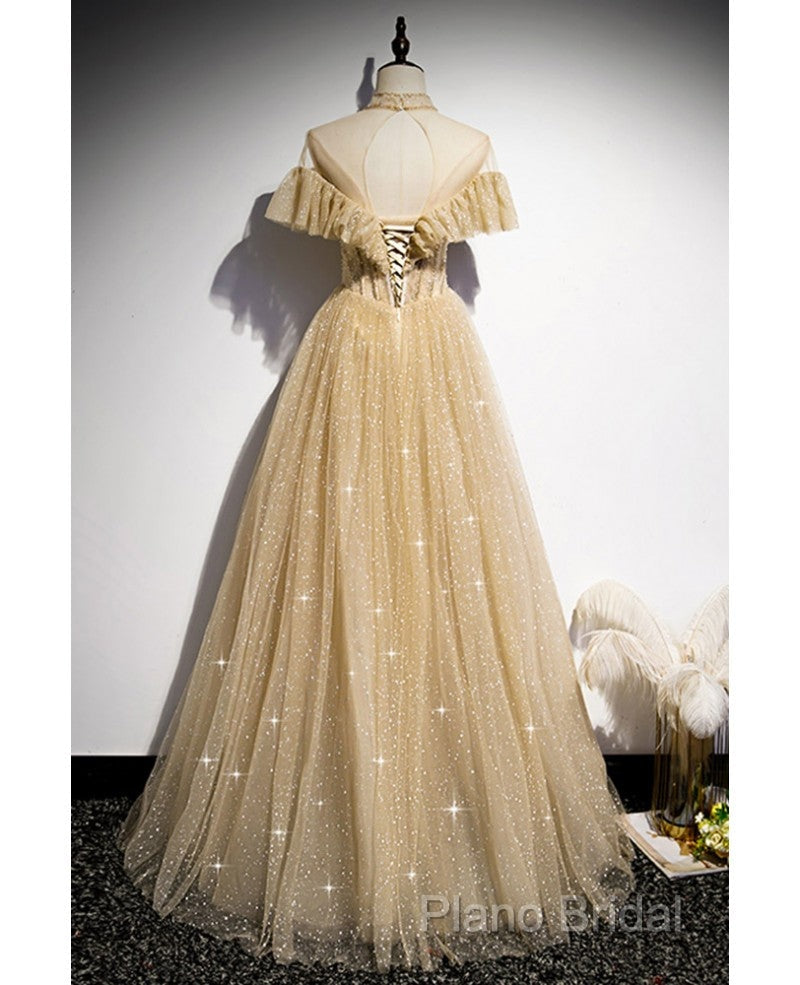 Sparkling Champagne Perspective High Neck Beaded Short Sleeved Ball Dresses Champagne A-Line/Princess Sparkling Sheer Backless Strap And Floor Length Ruffled Edge Formal Dresses