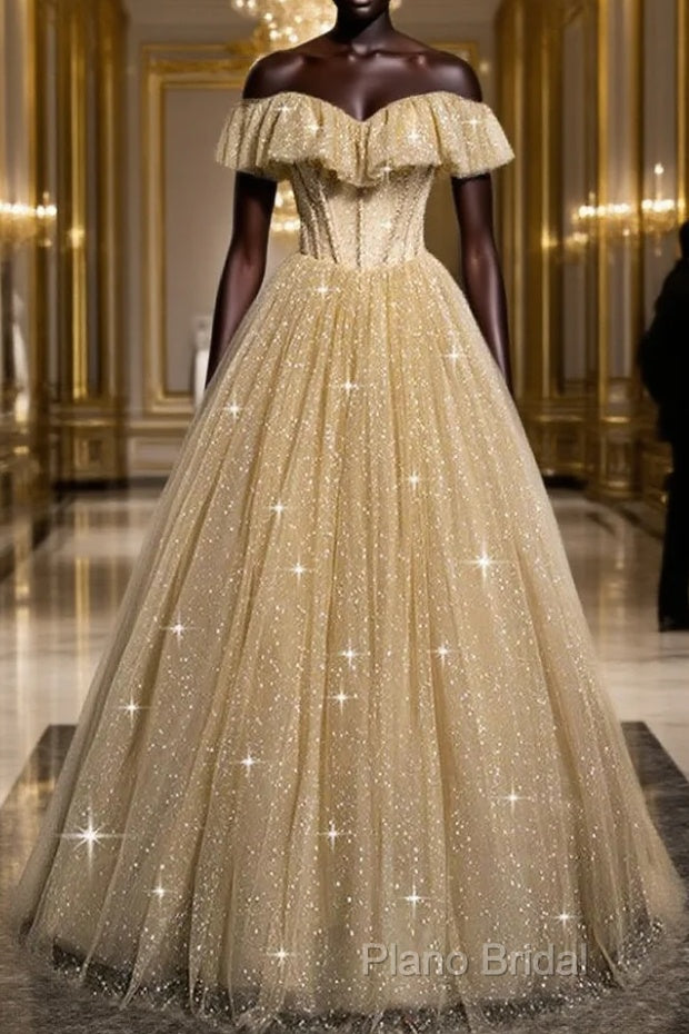 Sparkling Champagne Perspective High Neck Beaded Short Sleeved Ball Dresses Champagne A-Line/Princess Sparkling Sheer Backless Strap And Floor Length Ruffled Edge Formal Dresses Main image