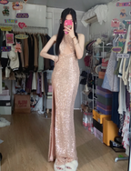 Sparkling Champagne Pink Halter Neck High Slit Sequined Long Formal Prom Dresses