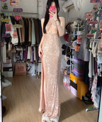 Sparkling Champagne Pink Halter Neck High Slit Sequined Long Formal Prom Dresses