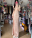Sparkling Champagne Pink Halter Neck High Slit Sequined Long Formal Prom Dresses