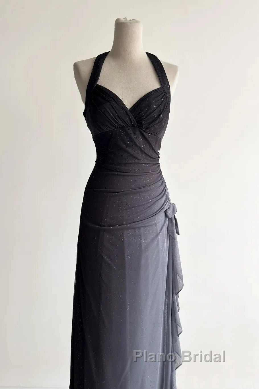 Sparkling Gradient Dark Gray Halter Neck Ruffle Sheath Formal Prom Dresses Birthday Dresses