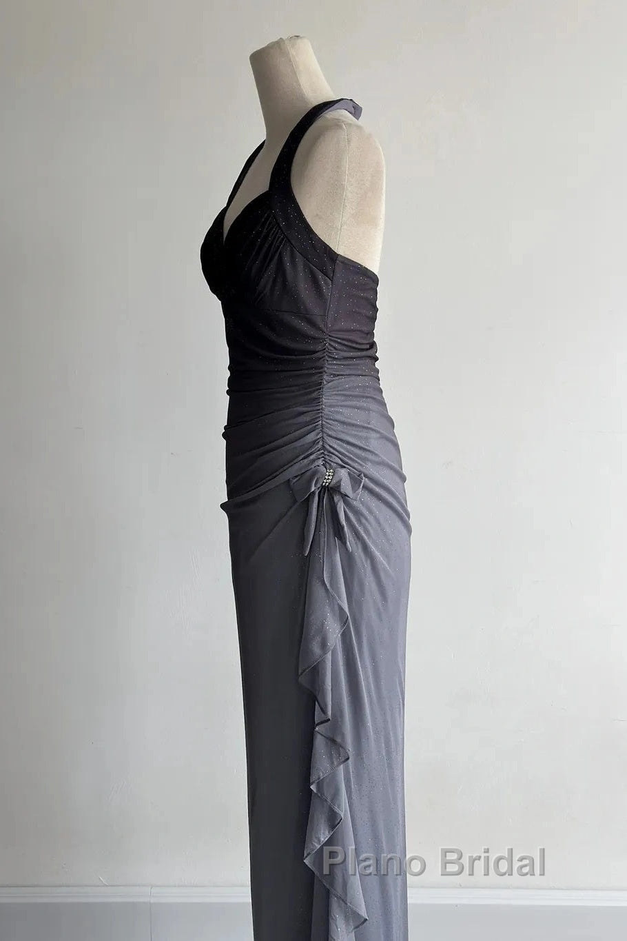 Sparkling Gradient Dark Gray Halter Neck Ruffle Sheath Formal Prom Dresses Birthday Dresses