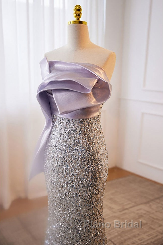 Sparkling Lavender Color Sleeveless Off Shoulder Sequin Evening Dresses With Lavender Color Mermaid Backless Strap And Floor Length Evening Dresses