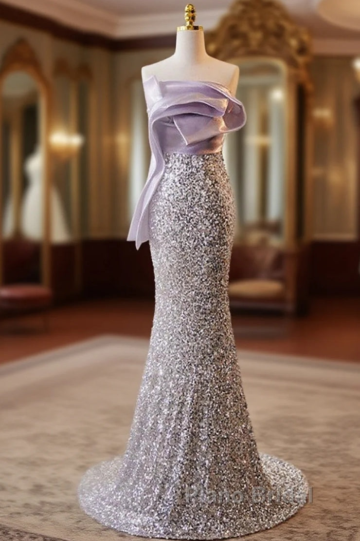 Sparkling Lavender Color Sleeveless Off Shoulder Sequin Evening Dresses With Lavender Color Mermaid Backless Strap And Floor Length Evening Dresses Main image