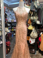 Sparkling Pink Mermaid Halter Neck Crossback Backless Tulle Long Formal Prom Dresses