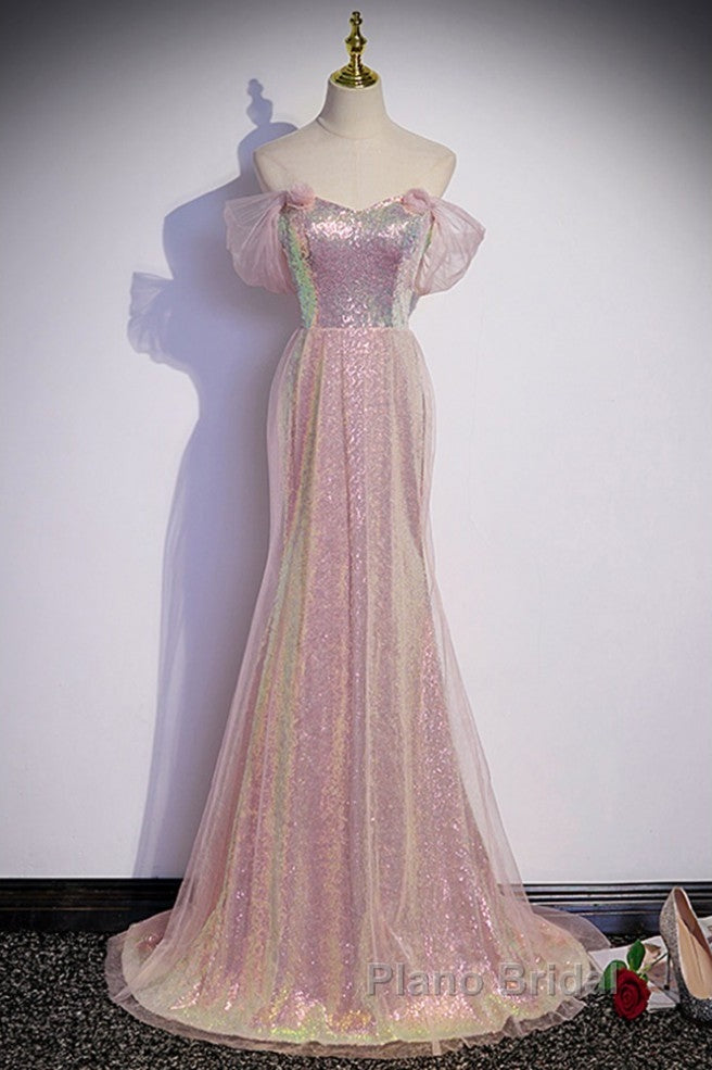 Sparkling Powder Blusher Pink Sequins Off Shoulder Short Sleeve Evening Dresses Powder Blusher Pink Trumpet/Mermaid Open Back Zipper Sweep Tail Formal Prom Dresses Secondary image