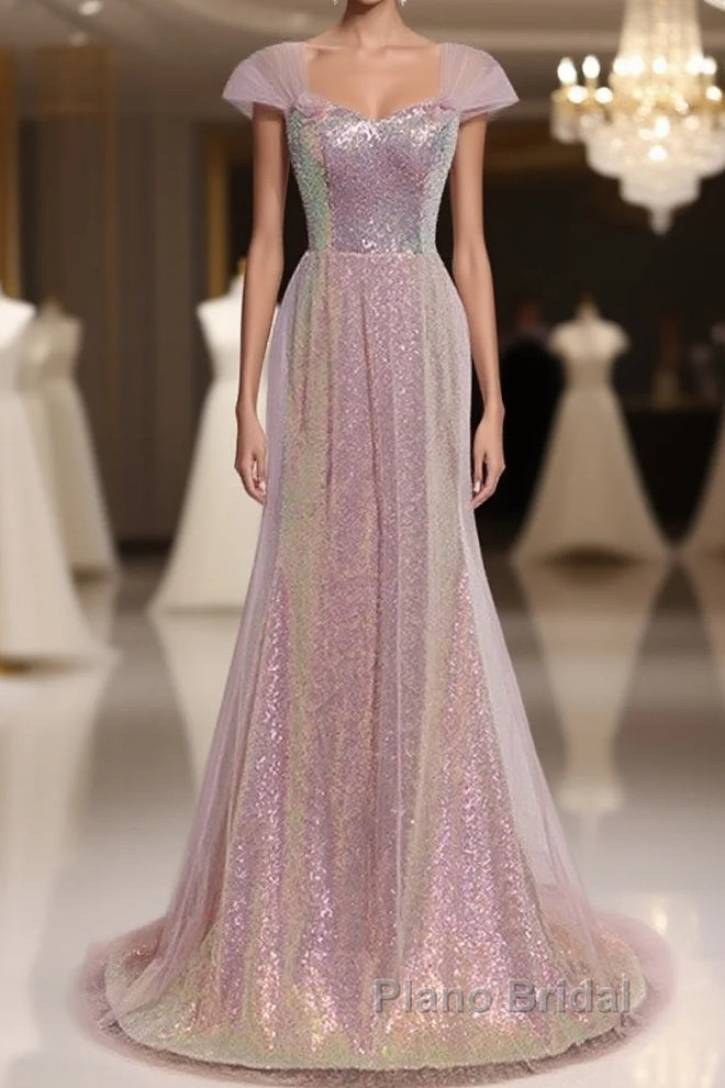 Sparkling Powder Blusher Pink Sequins Off Shoulder Short Sleeve Evening Dresses Powder Blusher Pink Trumpet/Mermaid Open Back Zipper Sweep Tail Formal Prom Dresses