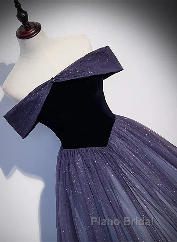 Sparkling Purple Gradient Tulle Off Shoulder A-Line Purple Evening Dresses Formal Prom Dresses