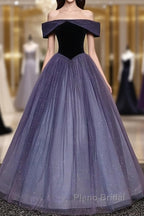 Sparkling Purple Gradient Tulle Off Shoulder A-Line Purple Evening Dresses Formal Prom Dresses Elegant