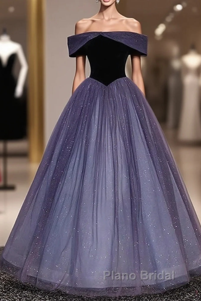 Sparkling Purple Gradient Tulle Off Shoulder A-Line Purple Evening Dresses Formal Prom Dresses Main image