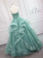 Sparkling Quinceanera Dresses V Neck Tulle Long Formal Prom Dresses Green Sweet Dresses Floor Length