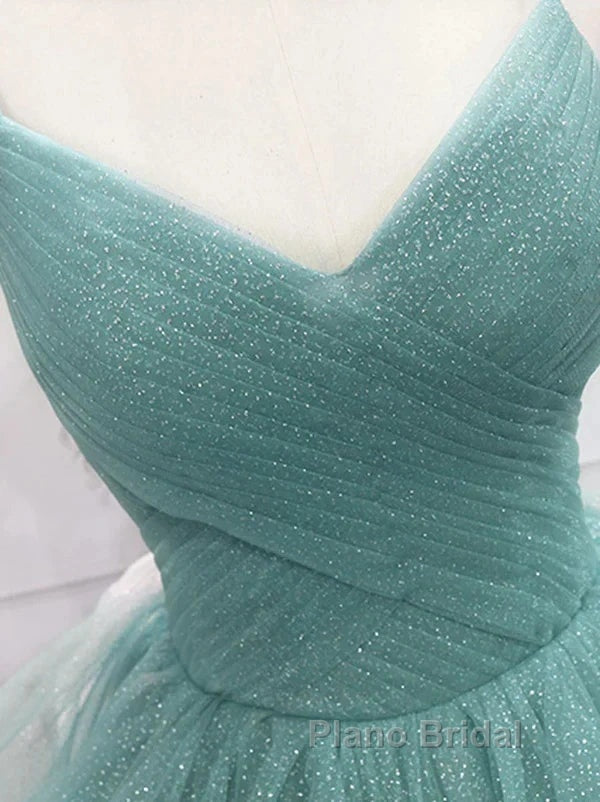 Sparkling Quinceanera Dresses V Neck Tulle Long Formal Prom Dresses Green Sweet Dresses Floor Length