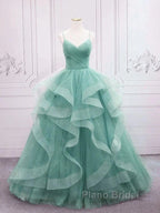 Sparkling Quinceanera Dresses V Neck Tulle Long Formal Prom Dresses Green Sweet Dresses Floor Length