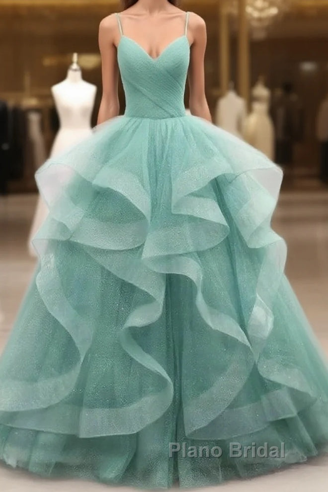 Sparkling Quinceanera Dresses V Neck Tulle Long Formal Prom Dresses Green Sweet Dresses Floor Length