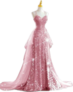 Sparkling Rose Gold Mermaid Slit Train Sequined Formal Prom Dresses