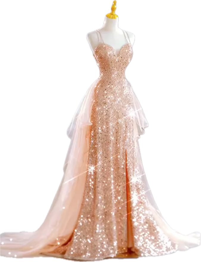 Sparkling Rose Gold Mermaid Slit Train Sequined Formal Prom Dresses Main image