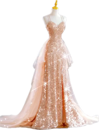 Sparkling Rose Gold Mermaid Slit Train Sequined Formal Prom Dresses