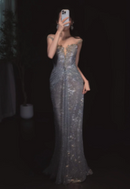 Sparkling Silver-Grey Mermaid Sequined Long Formal Prom Dresses