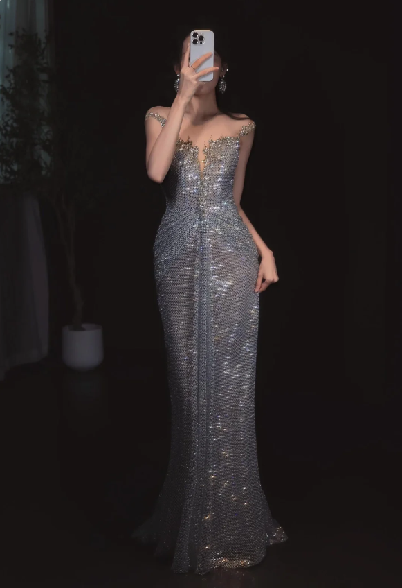 Sparkling Silver-Grey Mermaid Sequined Long Formal Prom Dresses