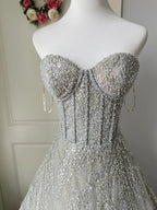 Sparkling Silver-Grey Strapless Sequined Ball Gown Prom Dresses