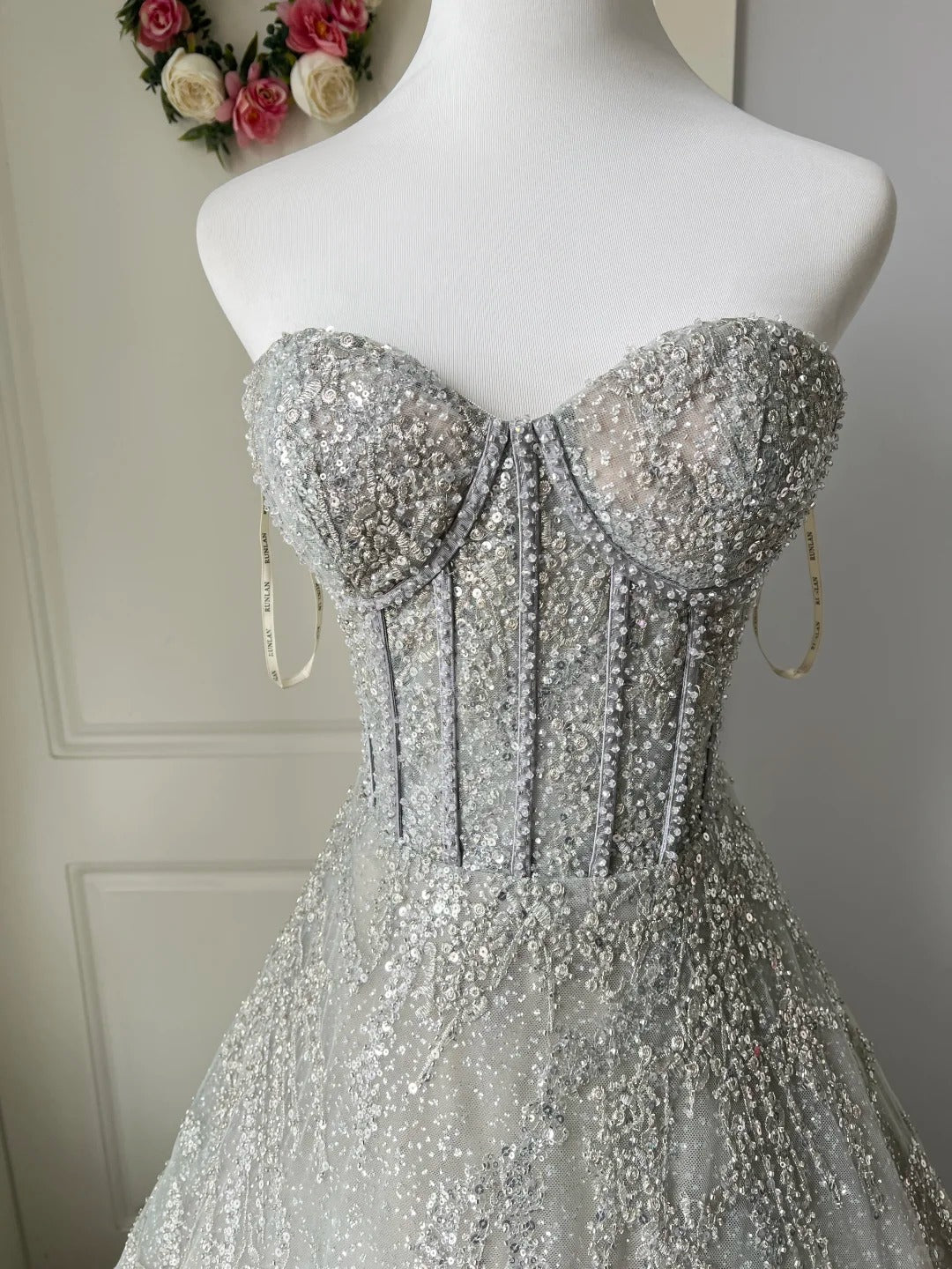 Sparkling Silver-Grey Strapless Sequined Ball Gown Prom Dresses