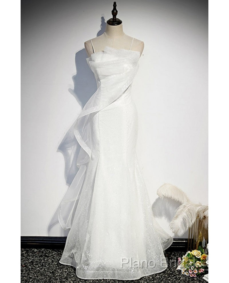 Sparkling White Sleeveless Off Shoulder Ball Dresses With White Thin Shoulder Straps Backless Straps And Floor Length Ruffled Edge For Formal Dressesing