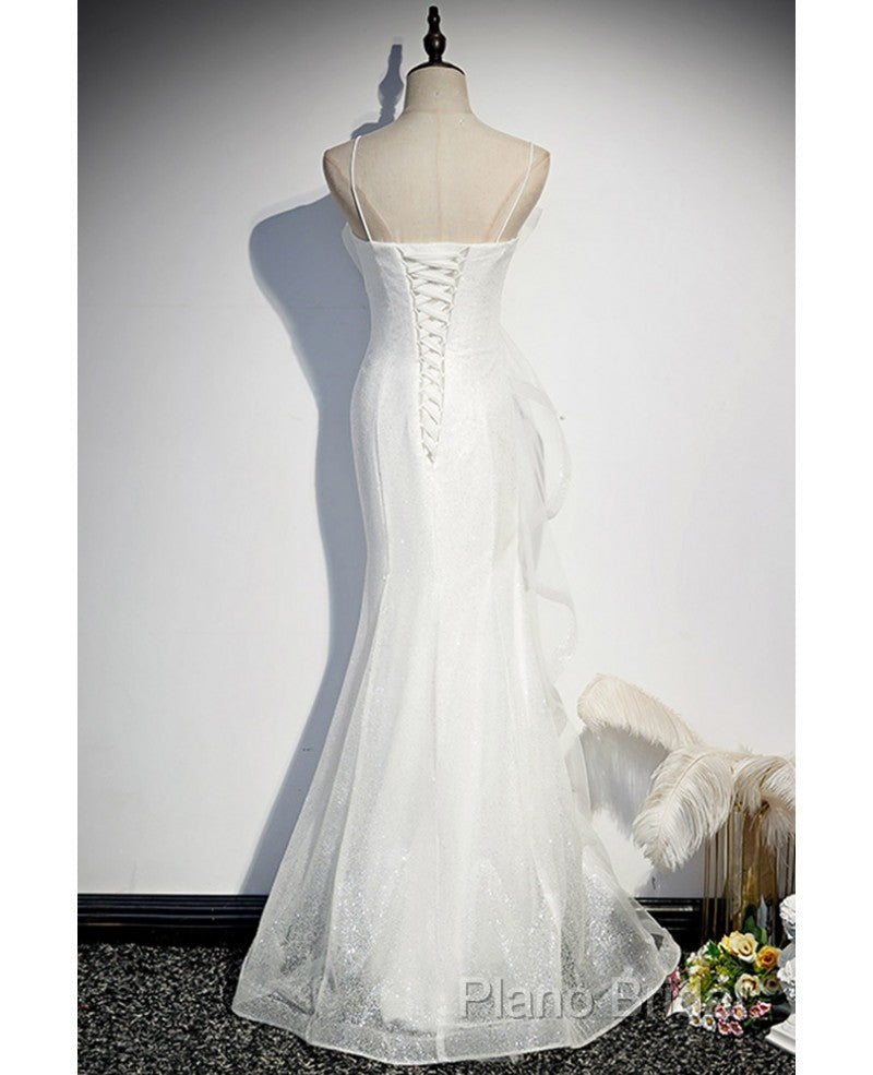 Sparkling White Sleeveless Off Shoulder Ball Dresses With White Thin Shoulder Straps Backless Straps And Floor Length Ruffled Edge For Formal Dressesing