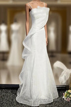 Sparkling White Sleeveless Off Shoulder Ball Dresses With White Thin Shoulder Straps Backless Straps And Floor Length Ruffled Edge For Formal Dressesing
