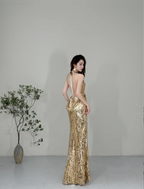 Sparkling Yellow Mermaid Deep V Halter Neck Slit Sequined Long Formal Prom Dresses