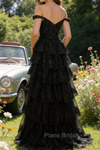 Sparkly A Line Black Off The Shoulder Corset Sequin Tiered Prom Dress with Slit