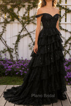 Sparkly A Line Black Off The Shoulder Corset Sequin Tiered Prom Dress with Slit