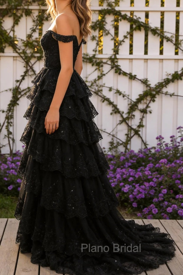 Sparkly A Line Black Off The Shoulder Corset Sequin Tiered Prom Dress with Slit Main image
