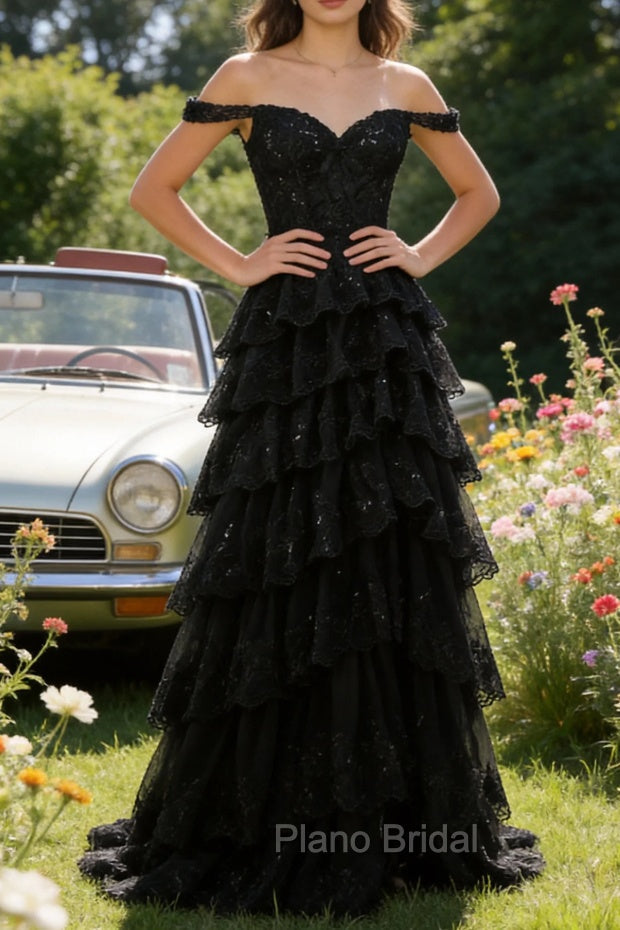 Sparkly A Line Black Off The Shoulder Corset Sequin Tiered Prom Dress with Slit Secondary image