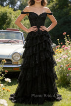 Sparkly A Line Black Off The Shoulder Corset Sequin Tiered Prom Dress with Slit