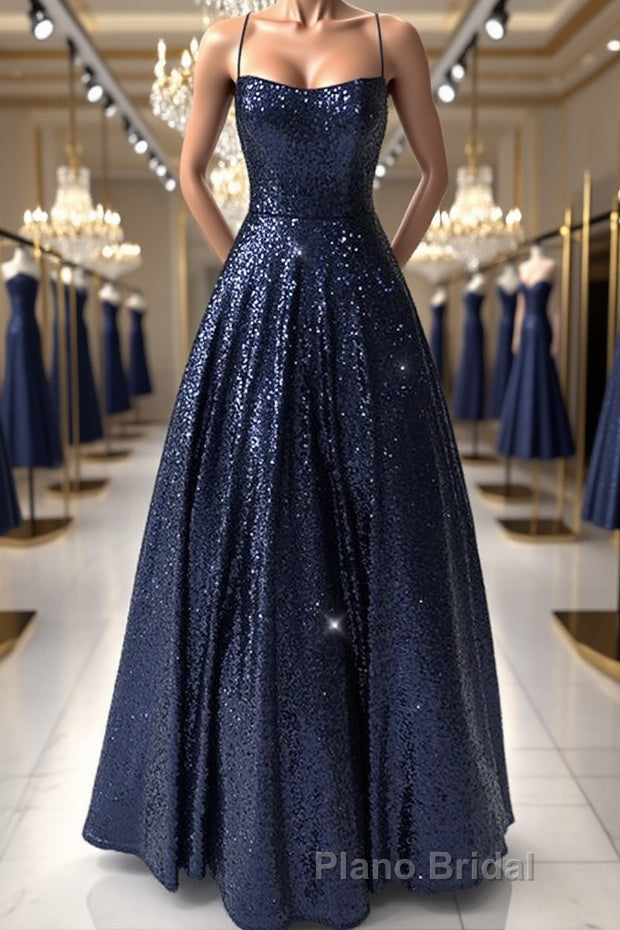Sparkly Backless Navy Blue Long Formal Prom Dresses, Open Back Long Navy Blue Formal Evening Dresses Main image