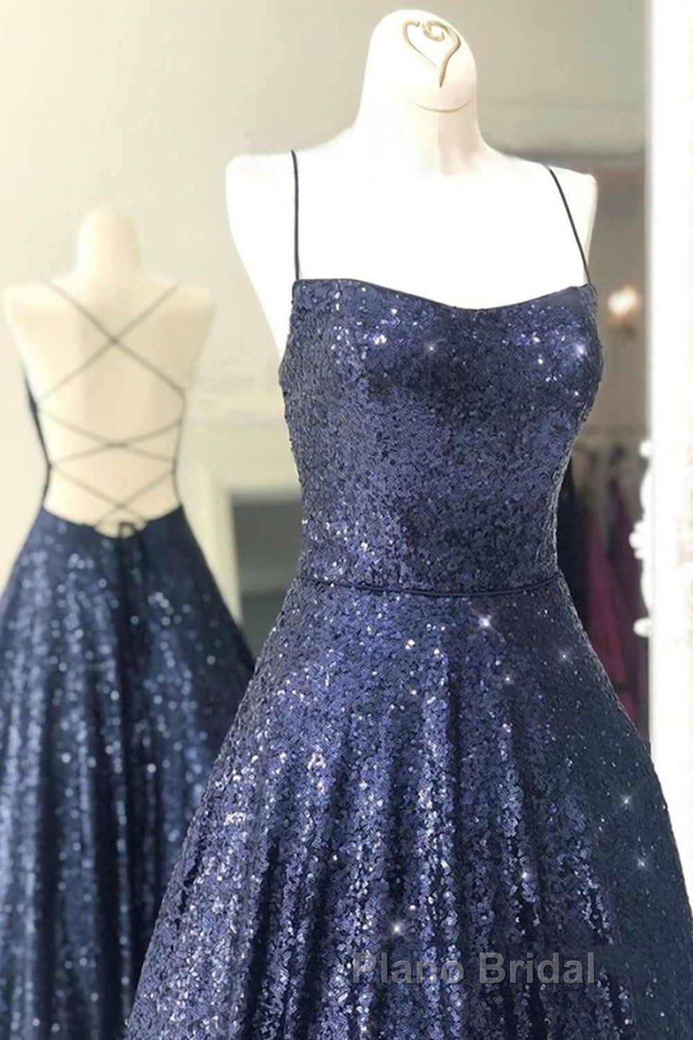 Sparkly Backless Navy Blue Long Formal Prom Dresses, Open Back Long Navy Blue Formal Evening Dresses Secondary image