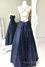Sparkly Backless Navy Blue Long Formal Prom Dresses, Open Back Long Navy Blue Formal Evening Dresses