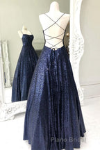 Sparkly Backless Navy Blue Long Formal Prom Dresses, Open Back Long Navy Blue Formal Evening Dresses