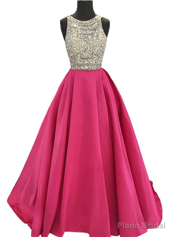 Sparkly Beaded Crystals Hot Pink Satin Backless Prom Dress Main image