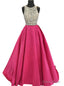 Sparkly Beaded Crystals Hot Pink Satin Backless Prom Dress