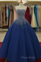 Sparkly Beaded Strapless Navy Blue Ball Gown Formal Prom Dresses