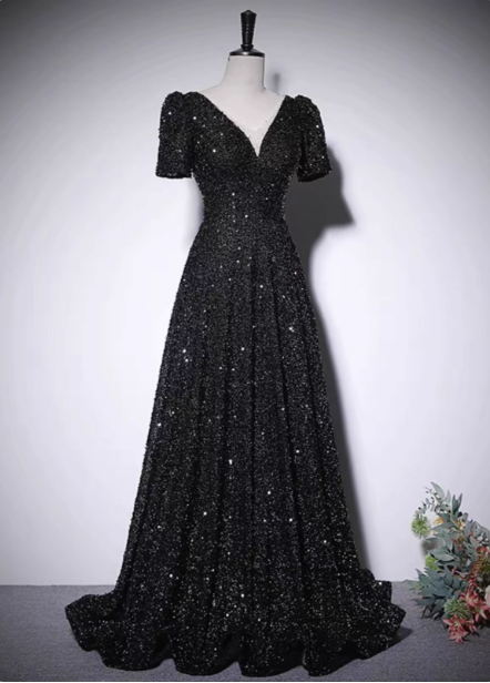 Sparkly Black A-Line V-Neck Short Sleeve Sequin Long Formal Prom Dresses