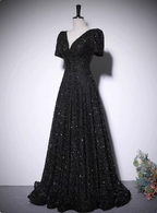 Sparkly Black A-Line V-Neck Short Sleeve Sequin Long Formal Prom Dresses