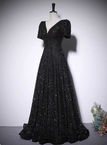Sparkly Black A-Line V-Neck Short Sleeve Sequin Long Formal Prom Dresses