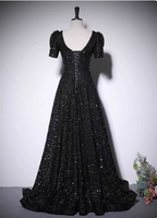 Sparkly Black A-Line V-Neck Short Sleeve Sequin Long Formal Prom Dresses