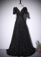 Sparkly Black A-Line V-Neck Short Sleeve Sequin Long Formal Prom Dresses