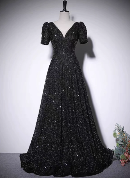 Sparkly Black A-Line V-Neck Short Sleeve Sequin Long Formal Prom Dresses