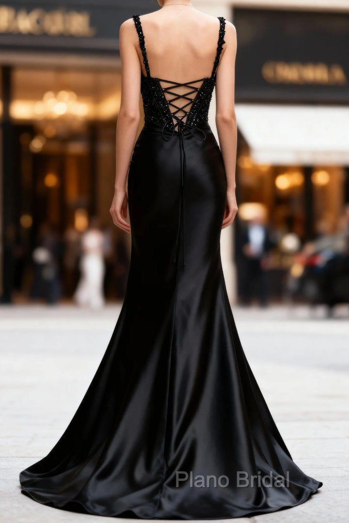 Sparkly Black Floral Spaghetti Straps Mermaid Long Formal Prom Dresses with Slit